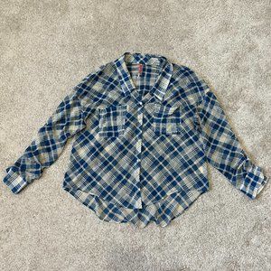 Free people Button Up Blouse Size Small Easy Rider Chiffon Sheer Blue Plaid